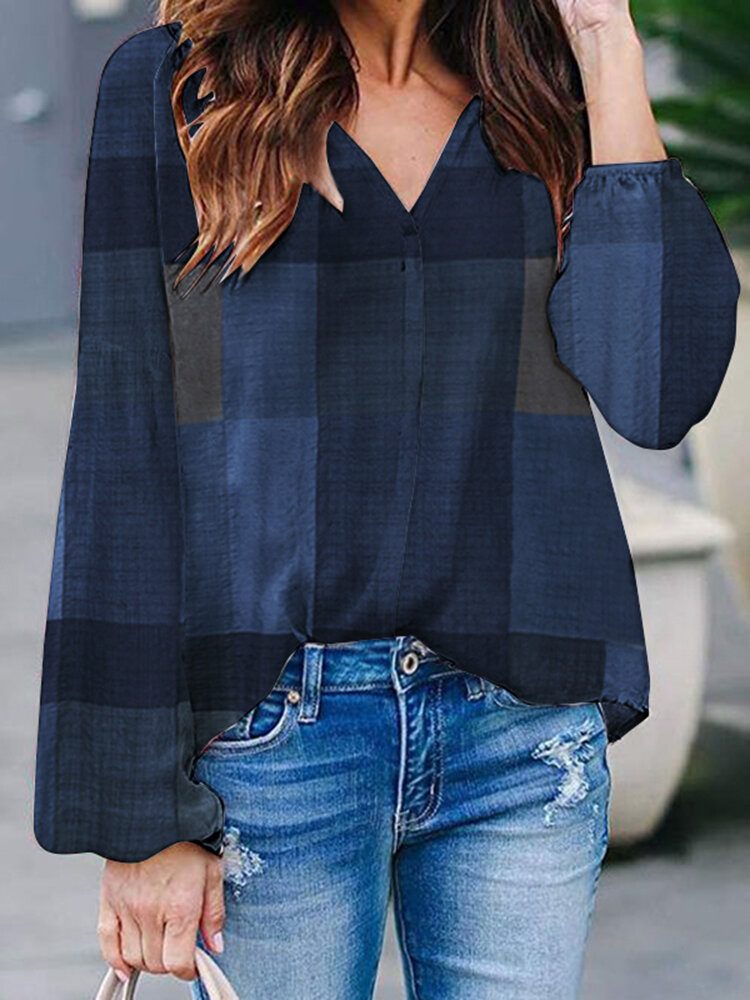 Plaid Print V-hals Langermet Casual Løs Bluse