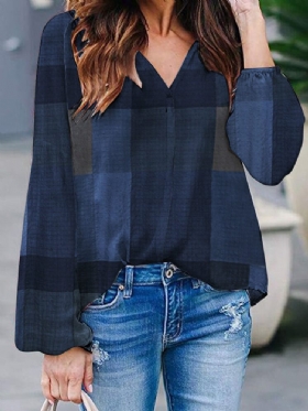 Plaid Print V-hals Langermet Casual Løs Bluse