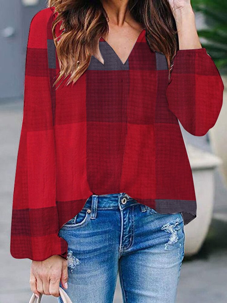 Plaid Print V-hals Langermet Casual Løs Bluse