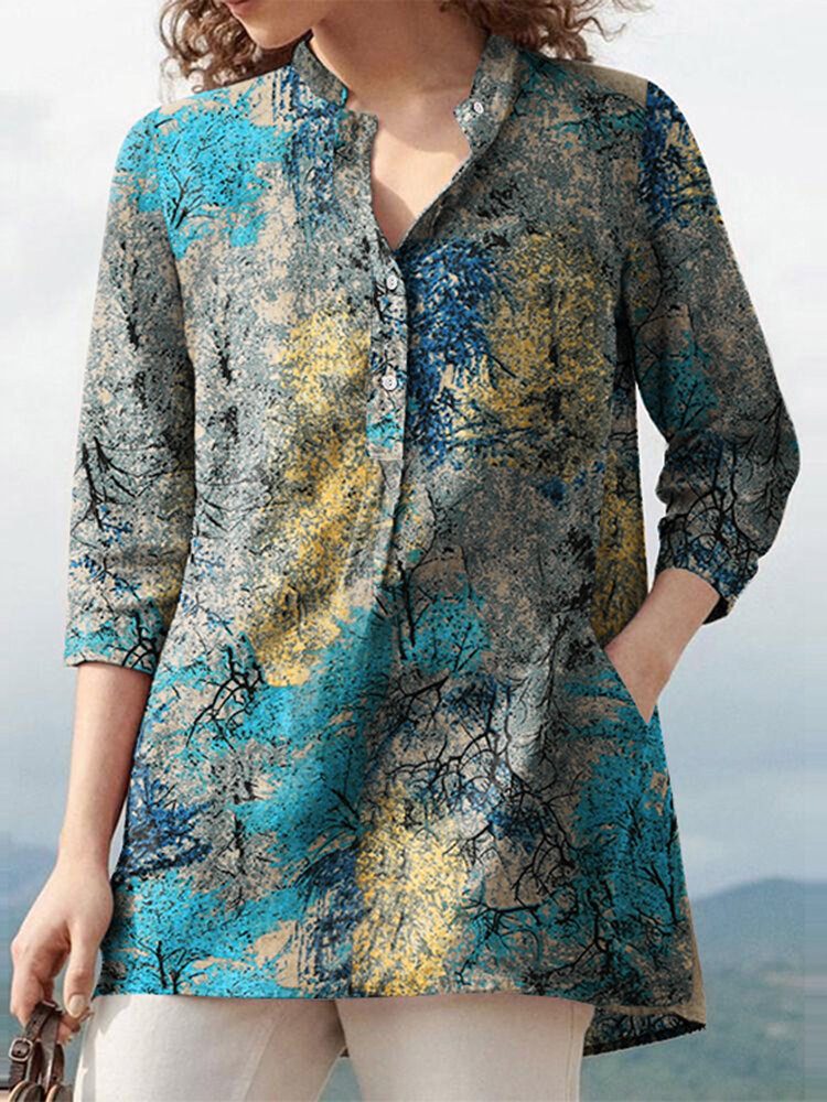 Planter Print Button Lomme Stativ Krage Langermet Bluse