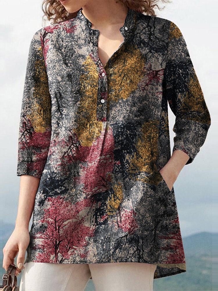 Planter Print Button Lomme Stativ Krage Langermet Bluse