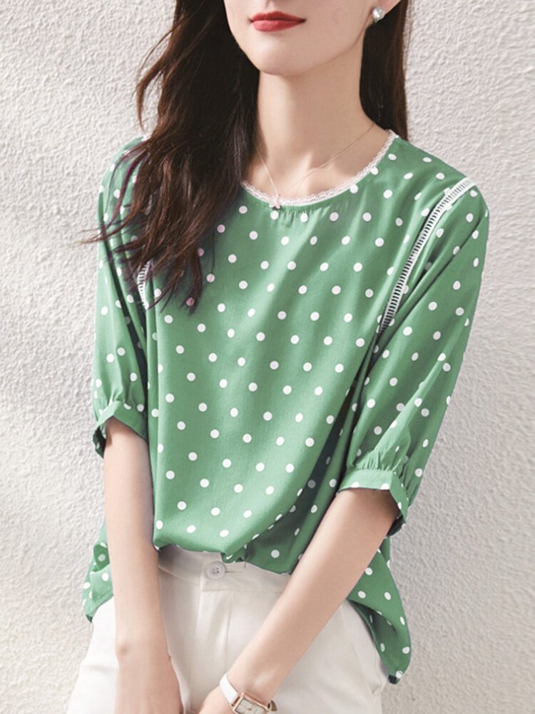 Polka Dot Lace Patchwork Rundhals Halv Ermet Casual Bluse