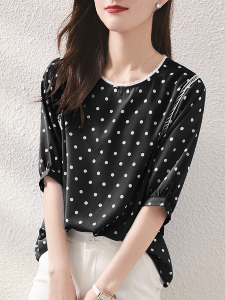 Polka Dot Lace Patchwork Rundhals Halv Ermet Casual Bluse