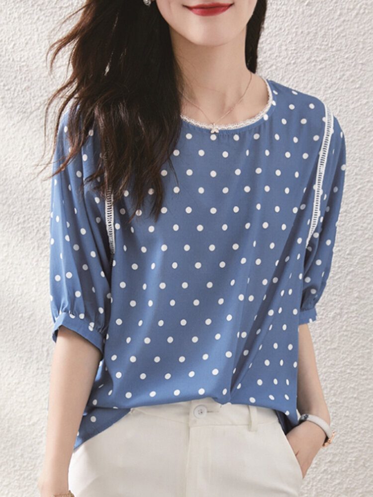 Polka Dot Lace Patchwork Rundhals Halv Ermet Casual Bluse