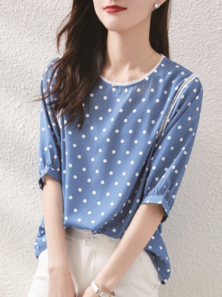 Polka Dot Lace Patchwork Rundhals Halv Ermet Casual Bluse