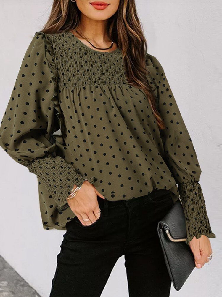 Polka Dot Print Langermet O-hals Plissert Bluse