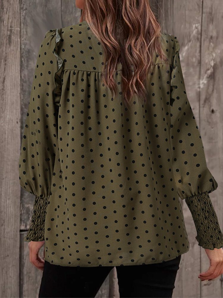 Polka Dot Print Langermet O-hals Plissert Bluse