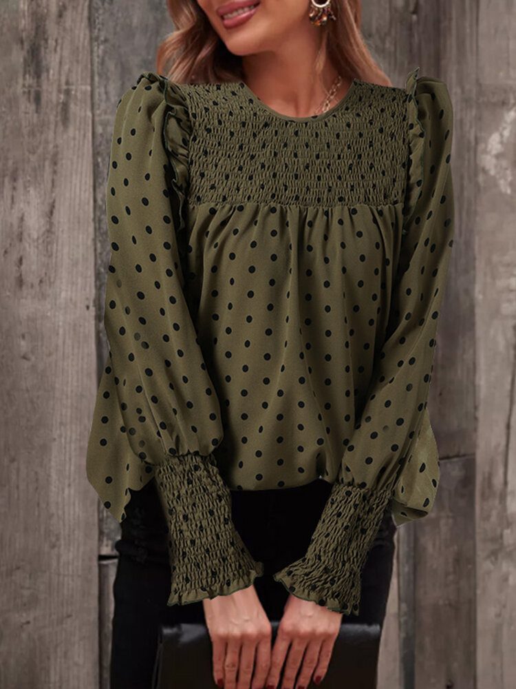 Polka Dot Print Langermet O-hals Plissert Bluse