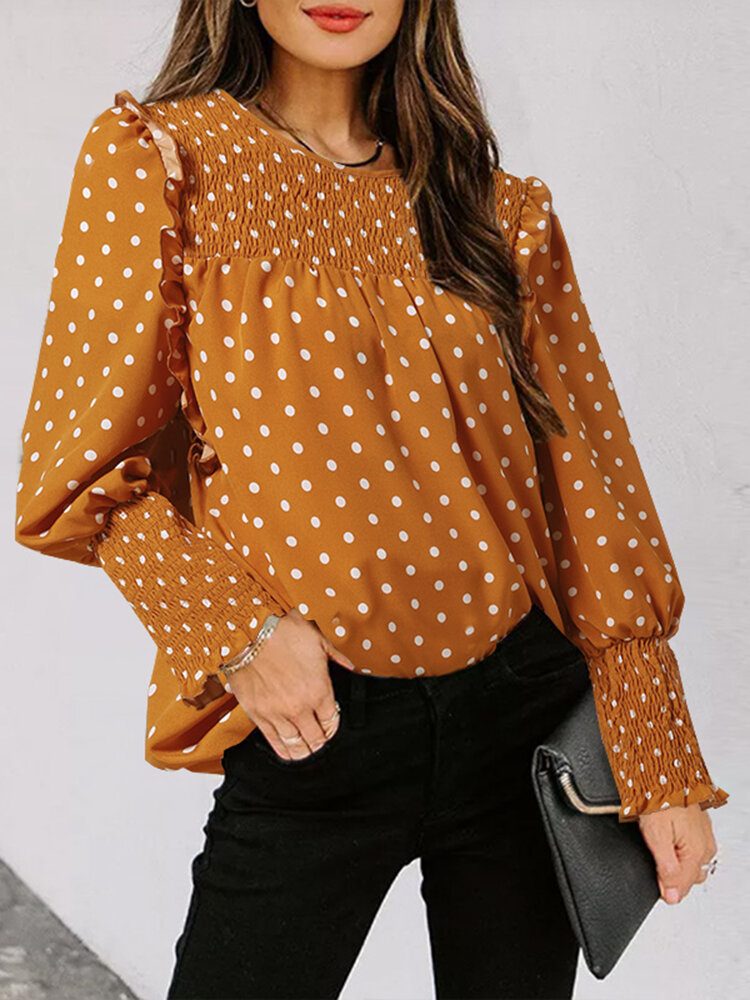 Polka Dot Print Langermet O-hals Plissert Bluse