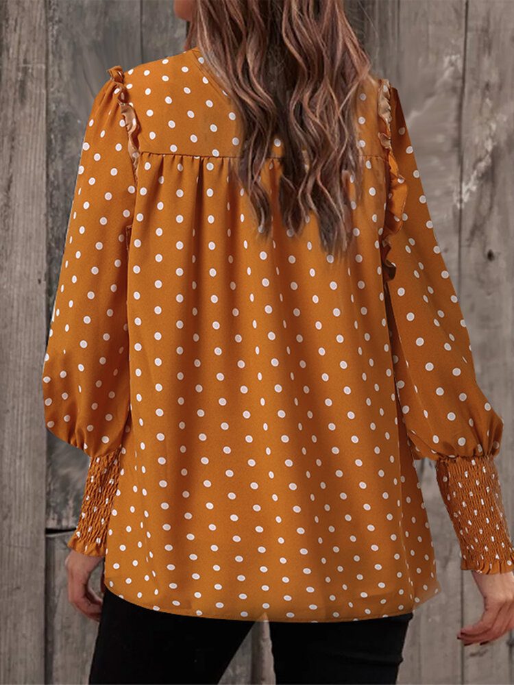 Polka Dot Print Langermet O-hals Plissert Bluse