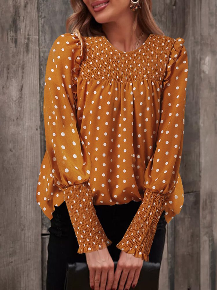 Polka Dot Print Langermet O-hals Plissert Bluse