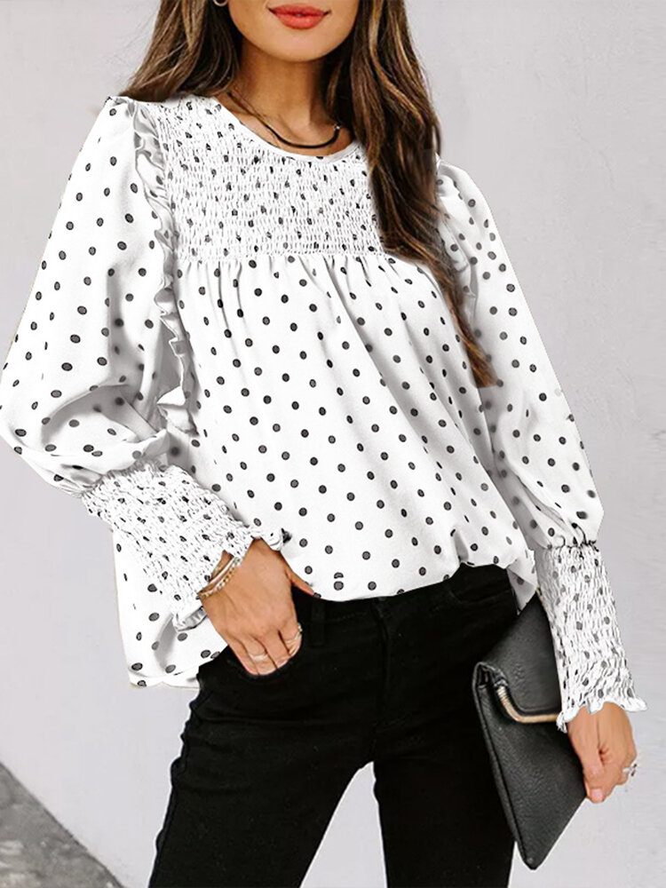 Polka Dot Print Langermet O-hals Plissert Bluse