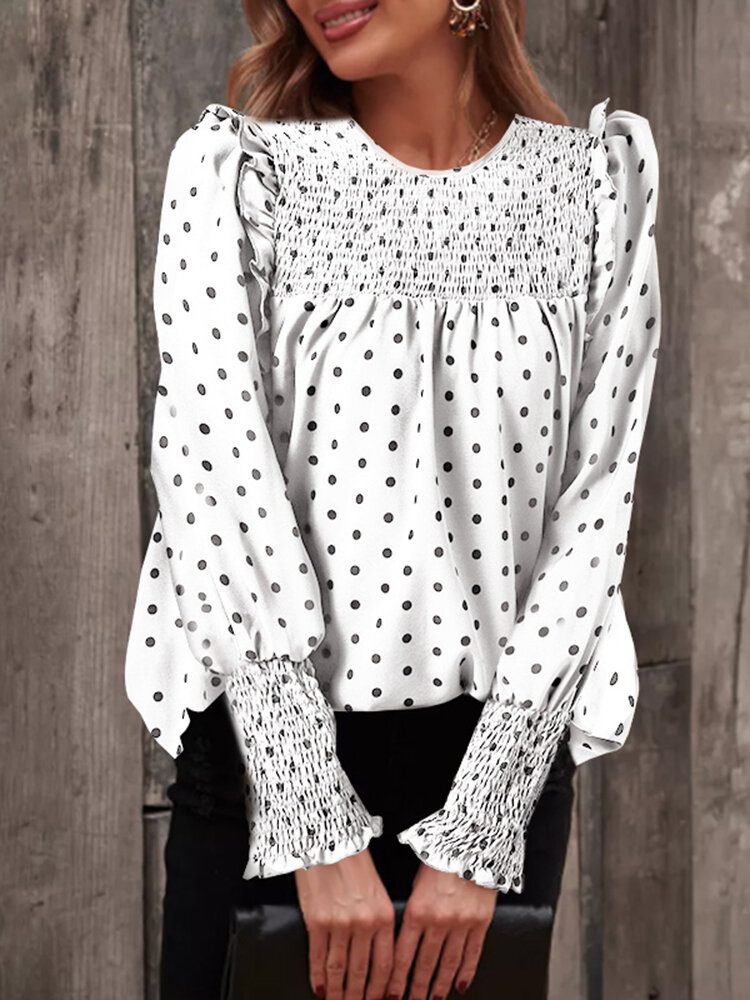 Polka Dot Print Langermet O-hals Plissert Bluse