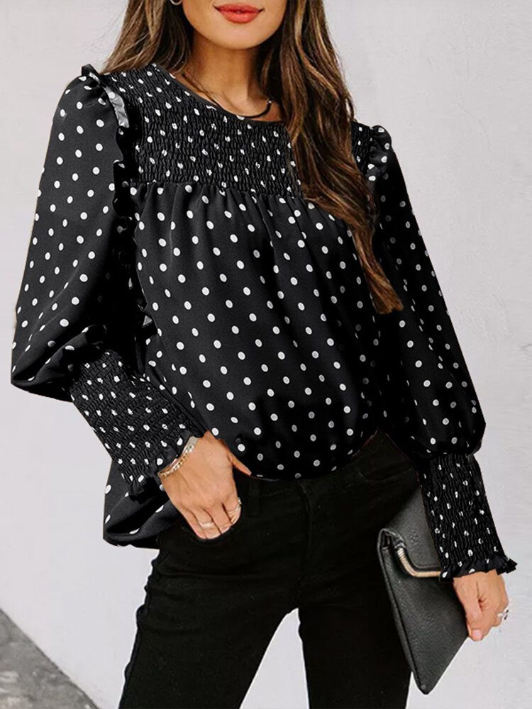 Polka Dot Print Langermet O-hals Plissert Bluse