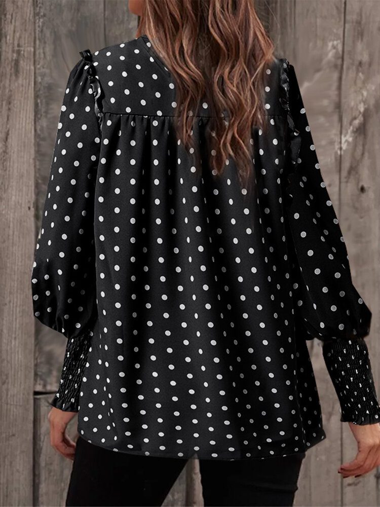 Polka Dot Print Langermet O-hals Plissert Bluse