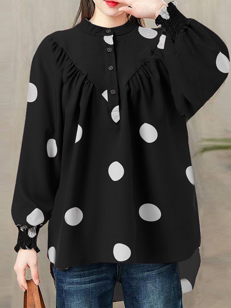 Polka Dot Ruched Button Lantern Erme Stand Collar Bluse