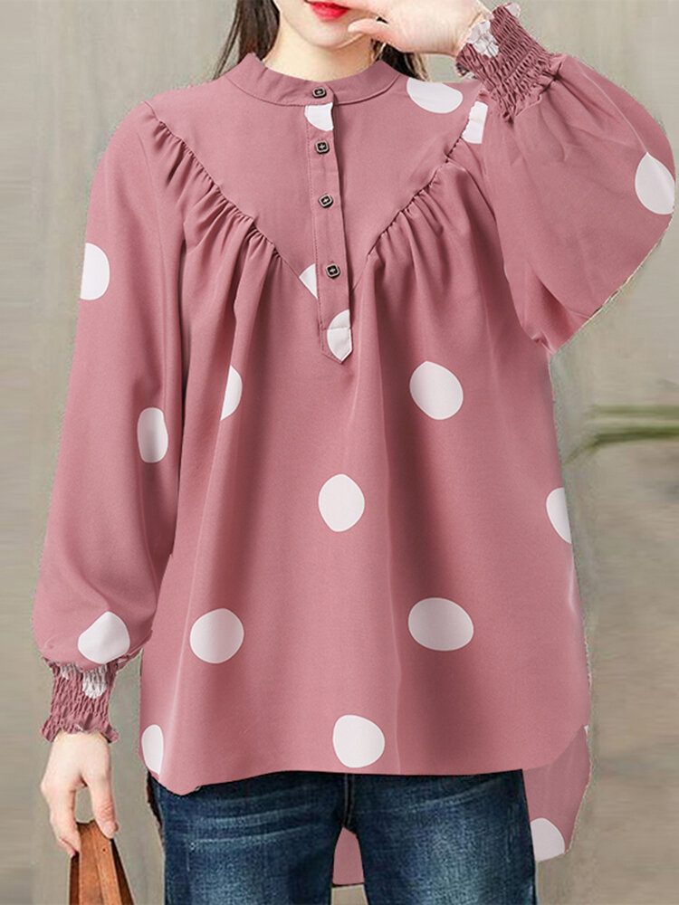 Polka Dot Ruched Button Lantern Erme Stand Collar Bluse