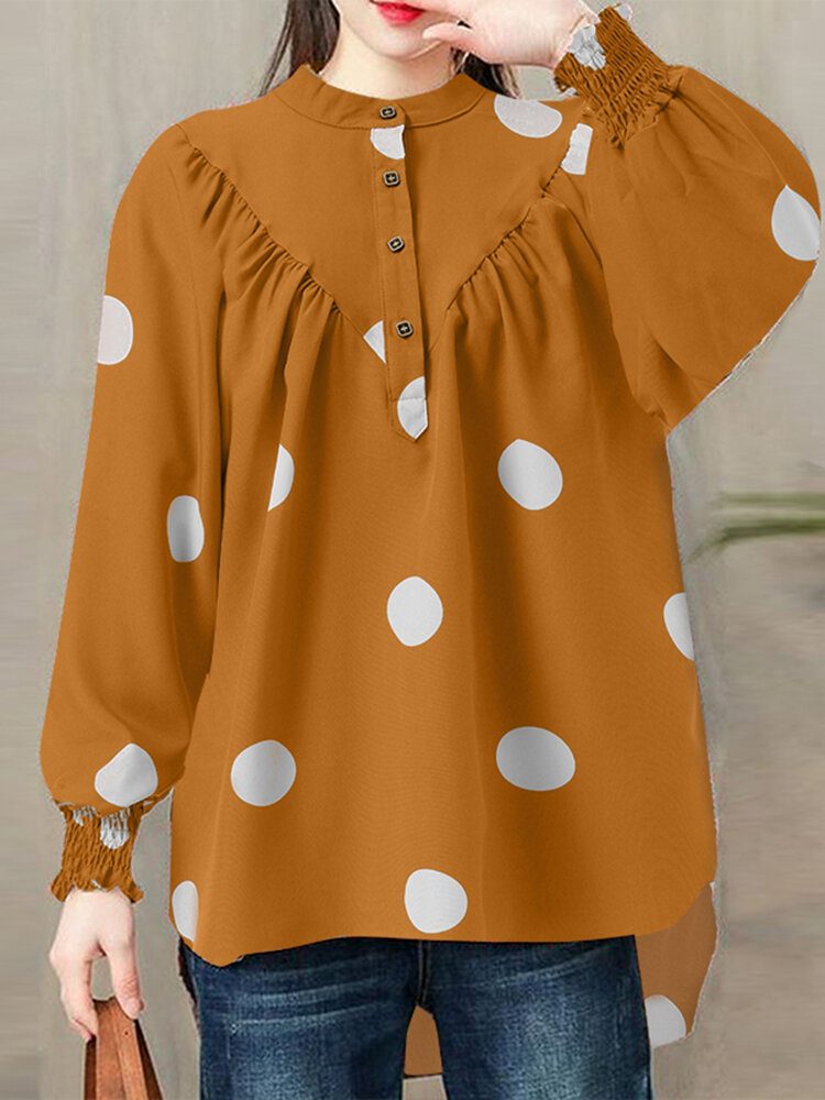 Polka Dot Ruched Button Lantern Erme Stand Collar Bluse