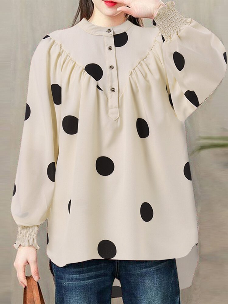 Polka Dot Ruched Button Lantern Erme Stand Collar Bluse