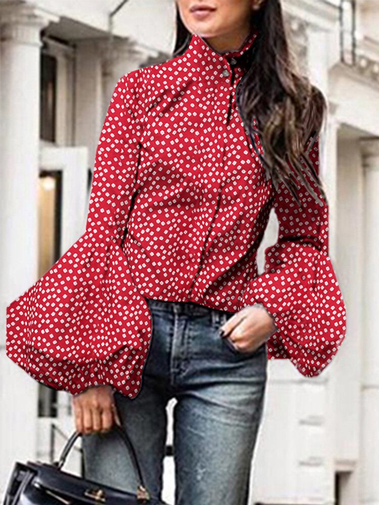 Polka Dot Stand Collar Lantern Sleeve Casual Skjorter For Kvinner