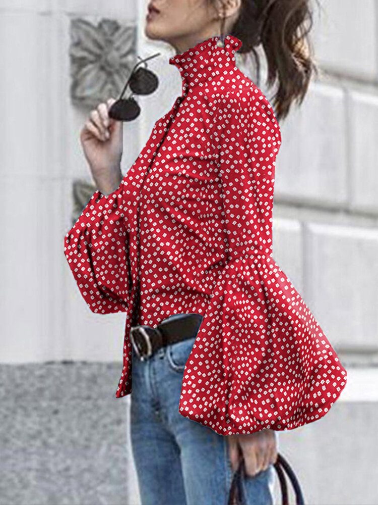 Polka Dot Stand Collar Lantern Sleeve Casual Skjorter For Kvinner