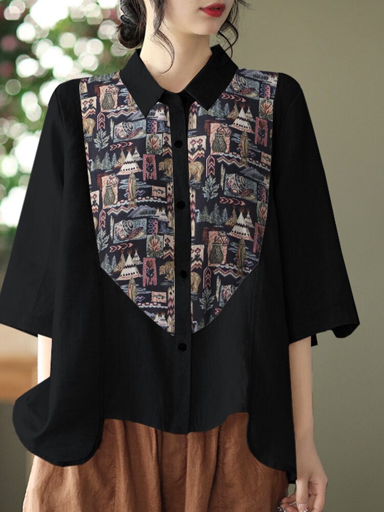 Print Patchwork Button Ruched Lapel Casual Skjorte