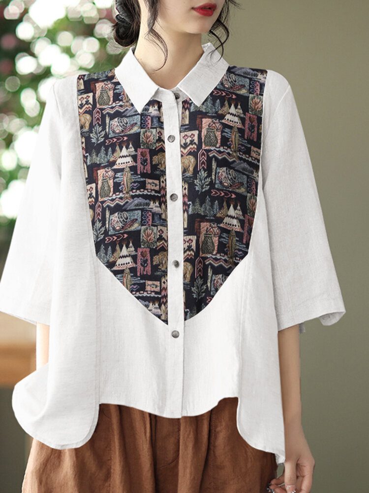 Print Patchwork Button Ruched Lapel Casual Skjorte