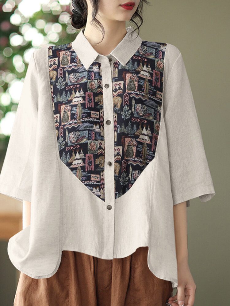 Print Patchwork Button Ruched Lapel Casual Skjorte