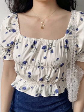 Puff Sleeve Casual Floral Sommerbluse For Kvinner