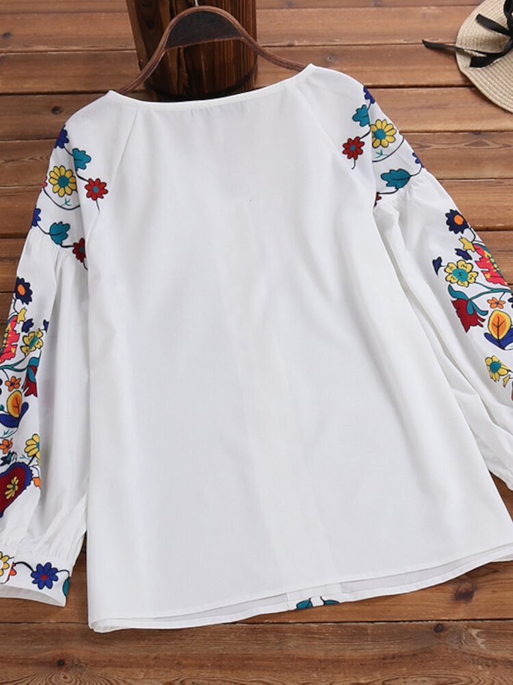 Puff Sleeve Casual Løs O-hals Blomster Bluse I Etnisk Stil