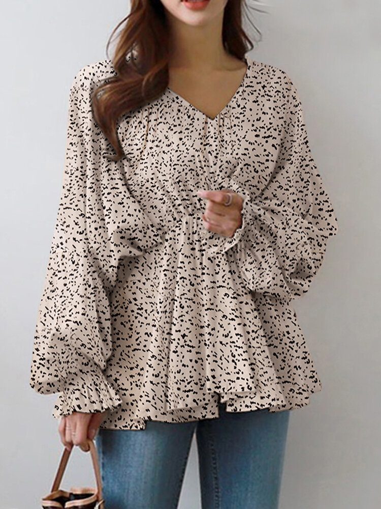 Puff Sleeve Solid Bohemian Casual Leopard Printed Bluse