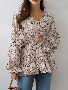 Puff Sleeve Solid Bohemian Casual Leopard Printed Bluse