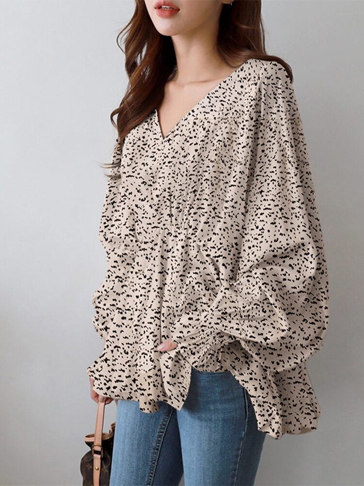 Puff Sleeve Solid Bohemian Casual Leopard Printed Bluse