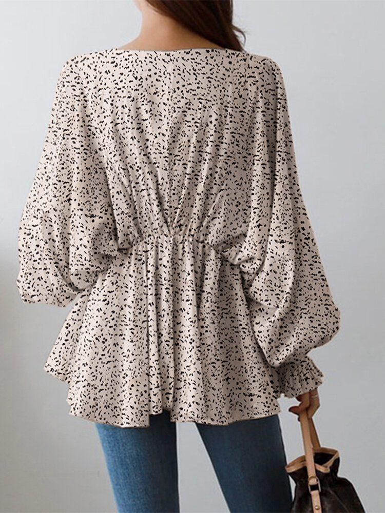 Puff Sleeve Solid Bohemian Casual Leopard Printed Bluse