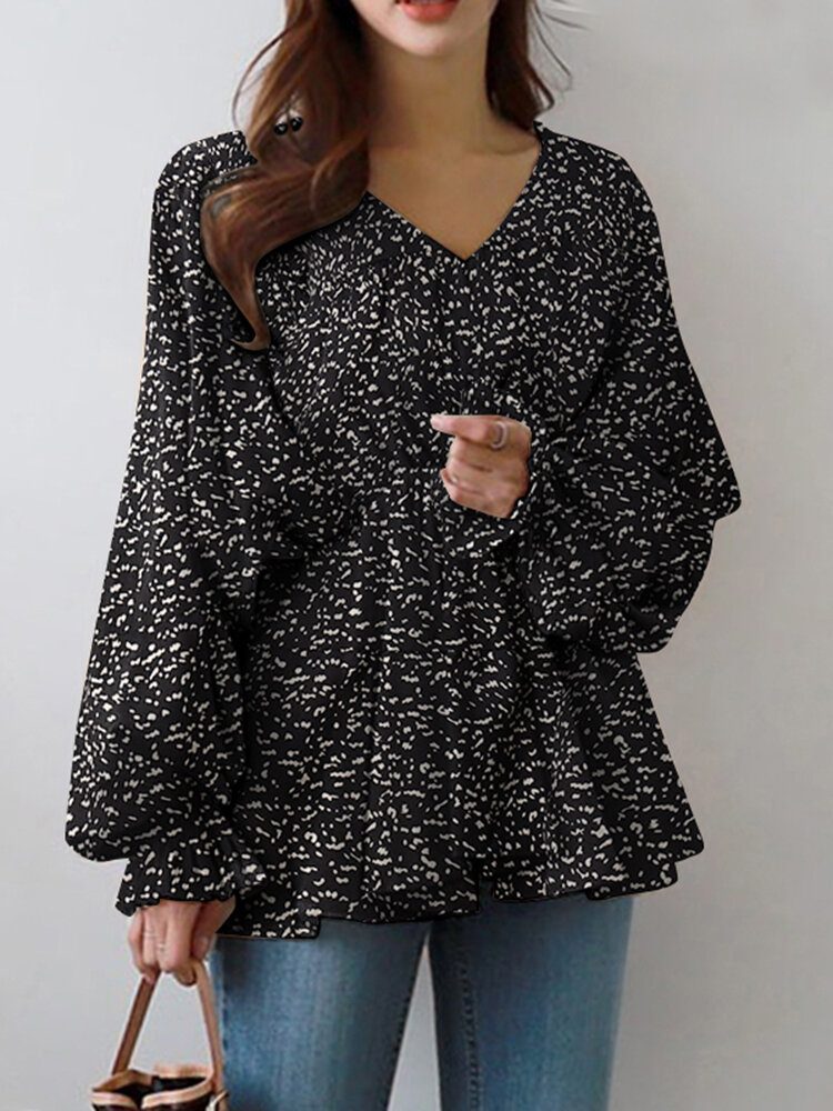 Puff Sleeve Solid Bohemian Casual Leopard Printed Bluse