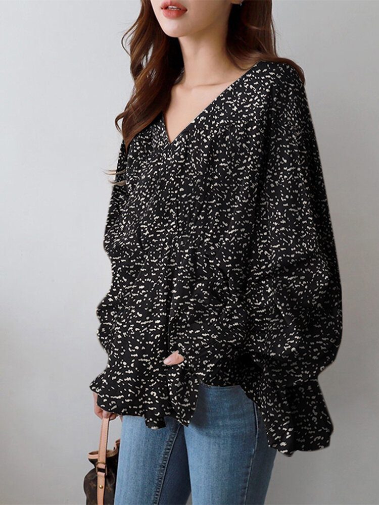 Puff Sleeve Solid Bohemian Casual Leopard Printed Bluse