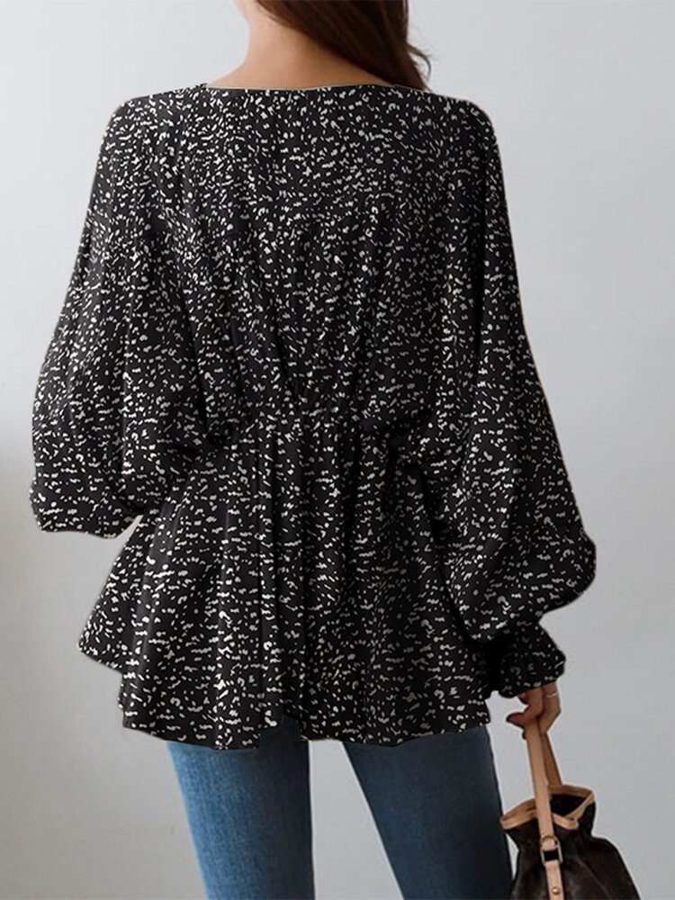 Puff Sleeve Solid Bohemian Casual Leopard Printed Bluse