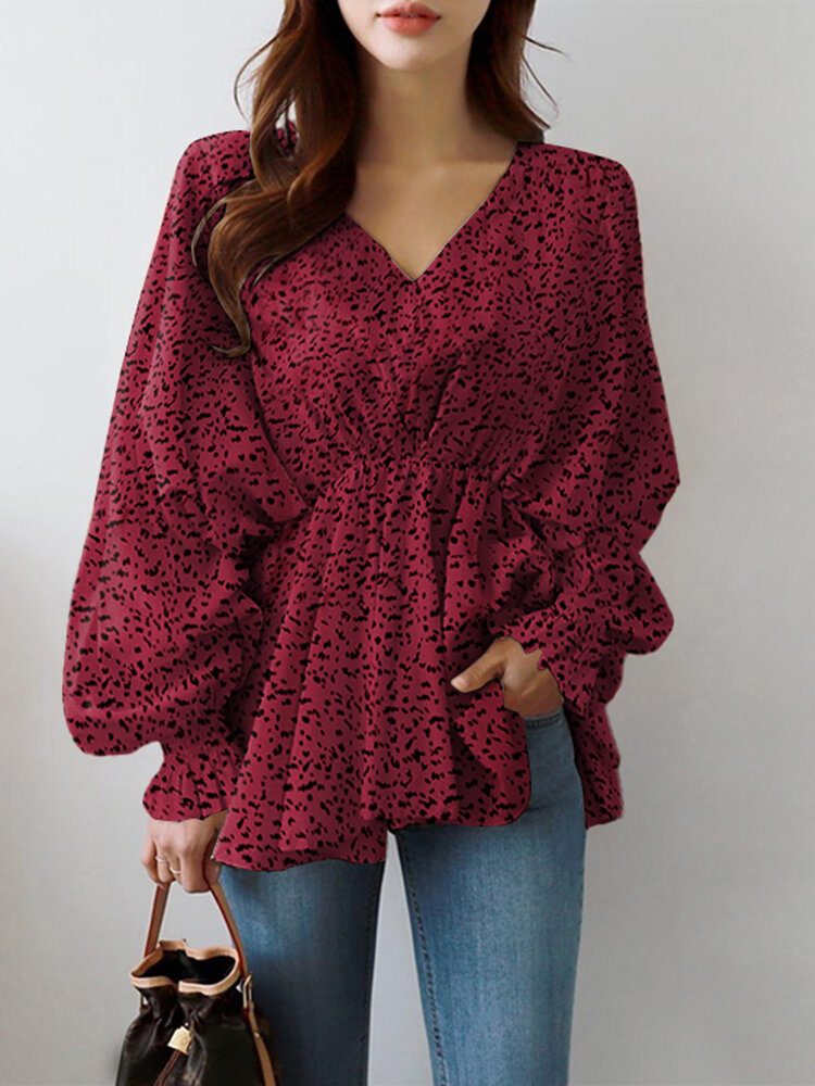 Puff Sleeve Solid Bohemian Casual Leopard Printed Bluse