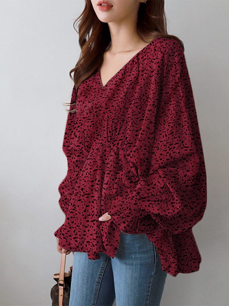 Puff Sleeve Solid Bohemian Casual Leopard Printed Bluse