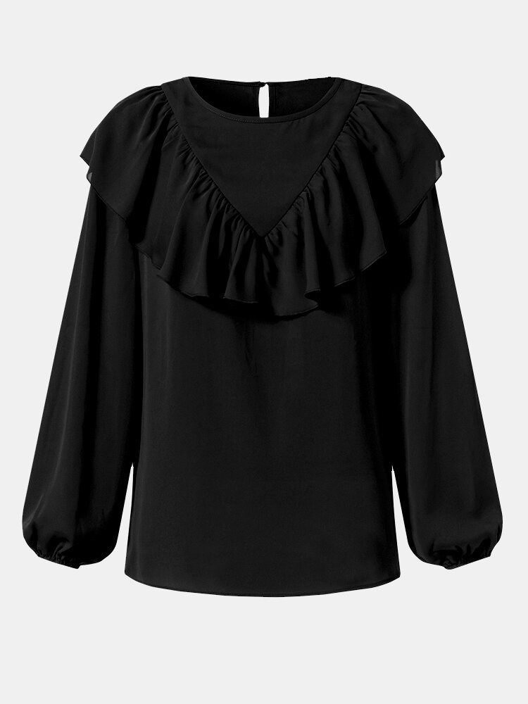 Rundhalset Ruffles Solid Langermet Knapp Løs Bluse