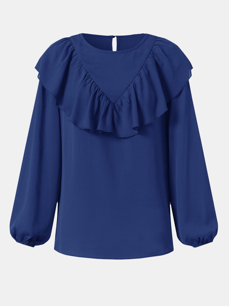 Rundhalset Ruffles Solid Langermet Knapp Løs Bluse