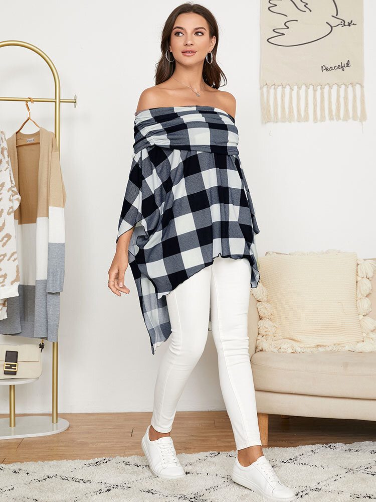 Sjekk Print Høy-lav Off Shoulder Cape Bluse