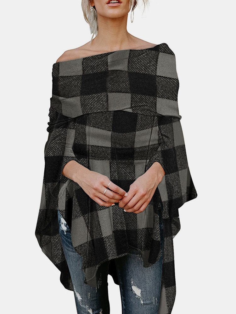 Sjekk Print Høy-lav Off Shoulder Cape Bluse