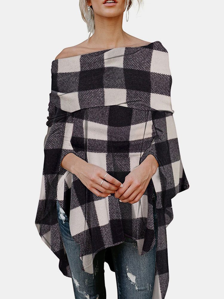 Sjekk Print Høy-lav Off Shoulder Cape Bluse