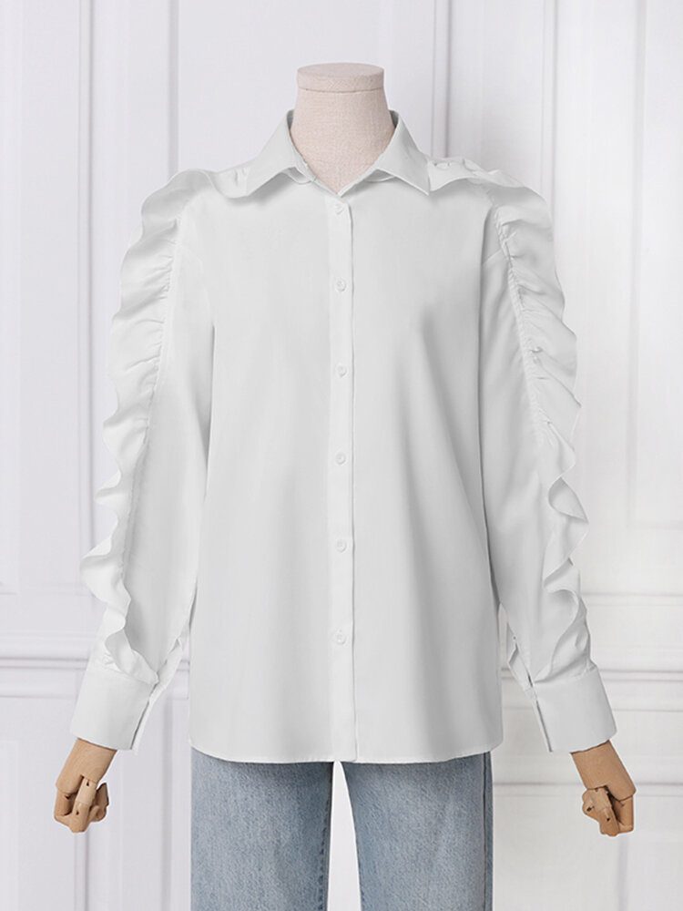 Solid Button Spleising Ruffle Lapel Langermet Casual Bluse