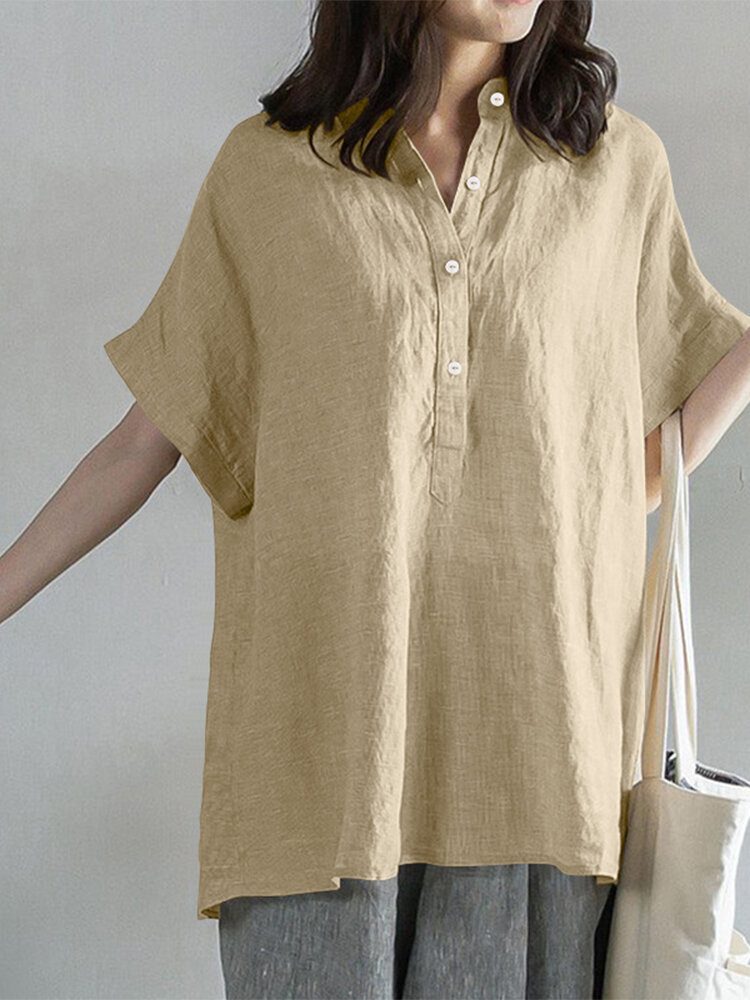 Solid Button Stand Krage Kortermet Løs Casual Bluse