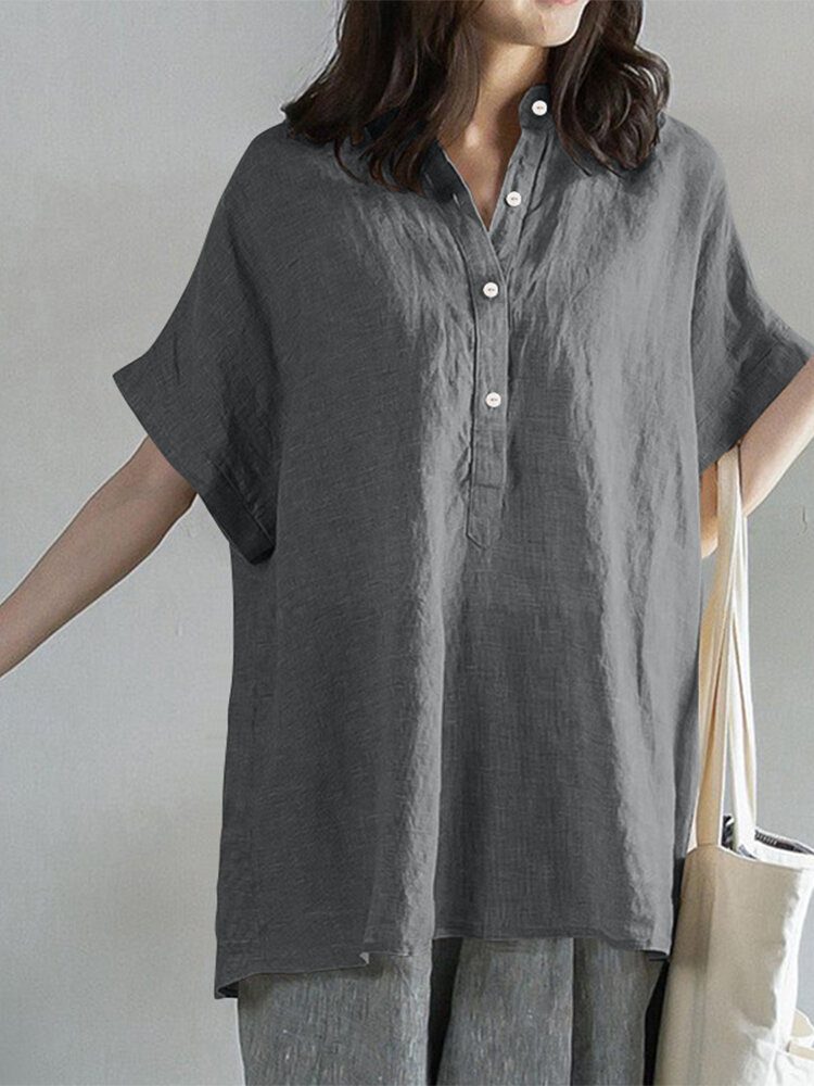 Solid Button Stand Krage Kortermet Løs Casual Bluse