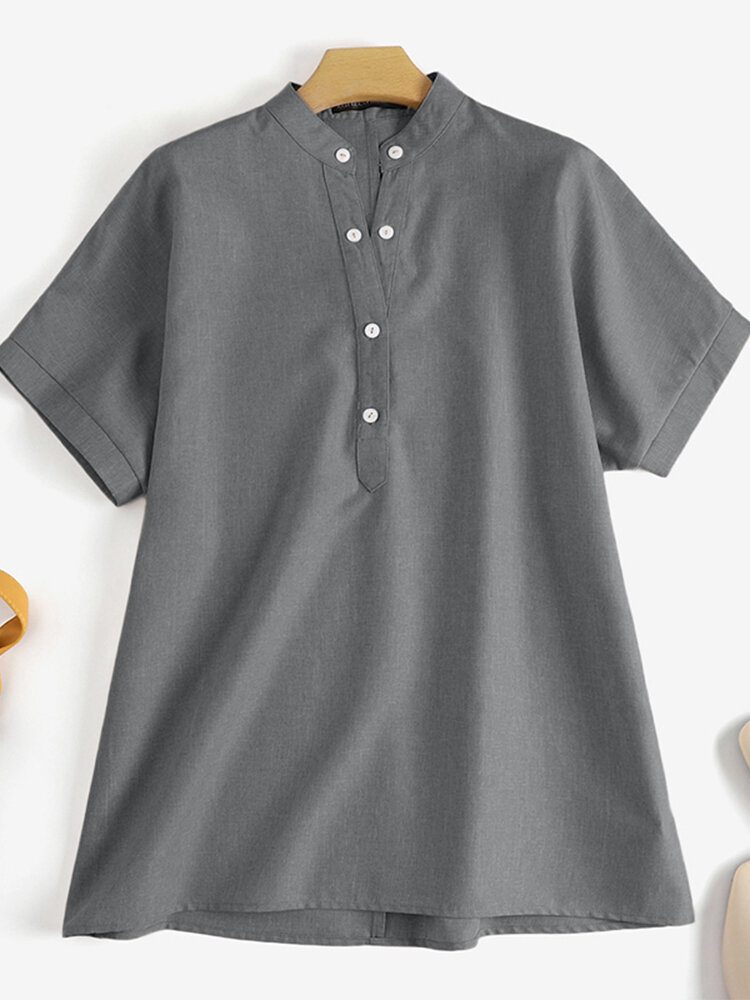 Solid Button Stand Krage Kortermet Løs Casual Bluse