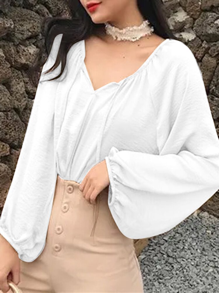 Solid Knotted V-hals Raglan Sleeve Bluse