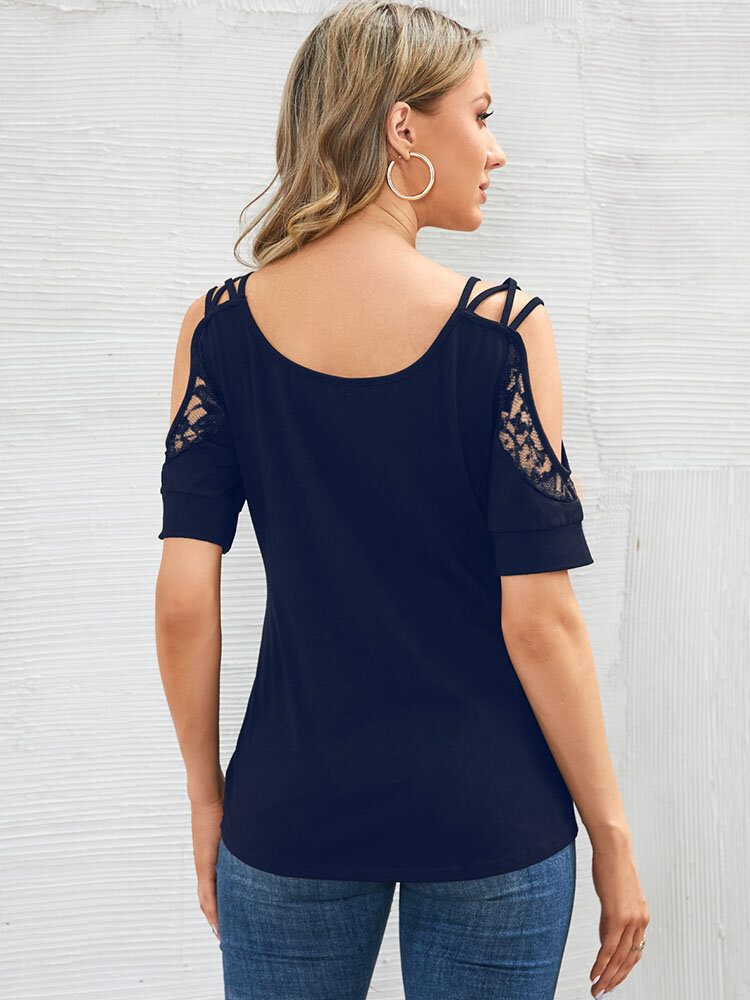 Solid Lace Splicing Cold Shoulder Backless Casual Bluse